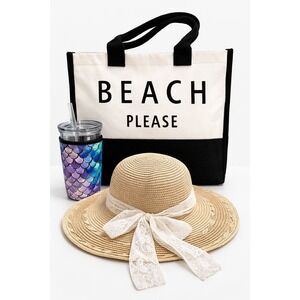 Beach Please Tote Straw Sun Hat Mermaid Drink Koozie Vacation Travel Bundle